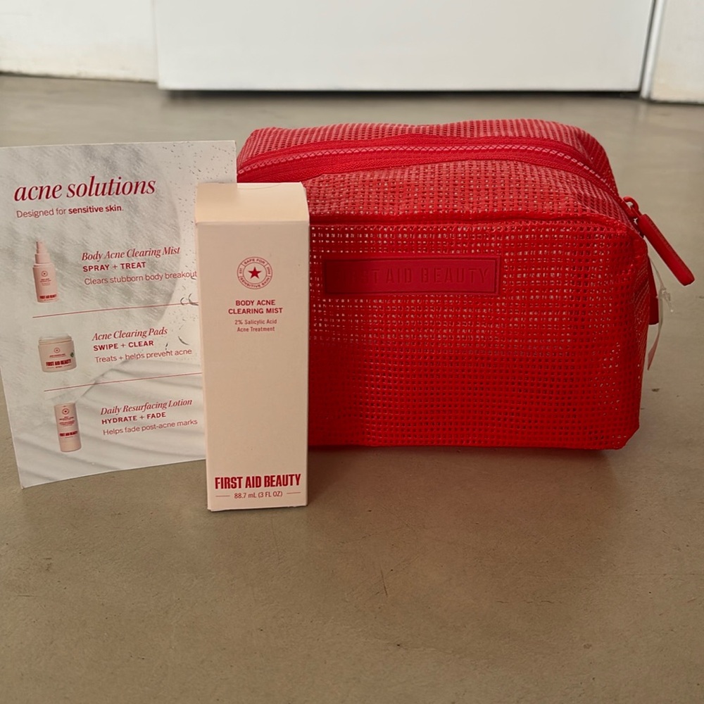 First Aid Beauty Body NWT Sealed Acne Clearing Mist & First Aid Beauty Pouch